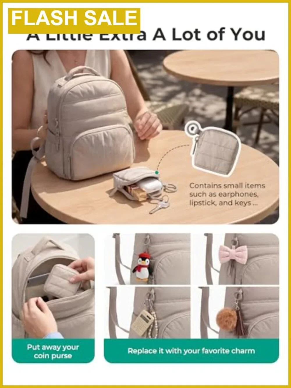 Mini Puffer Backpack with Detachable Pouch, Water Resistant, Padded Straps